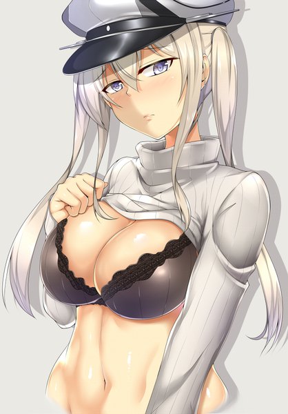 Anime picture 700x1004 with kantai collection graf zeppelin (kantai collection) satorisu single long hair tall image looking at viewer blush fringe blue eyes light erotic simple background blonde hair hair between eyes twintails payot cleavage upper body grey background hand on chest
