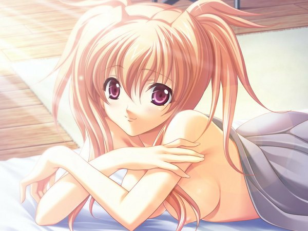 Anime picture 1024x768 with gachi otome quintet breasts light erotic purple eyes game cg orange hair girl