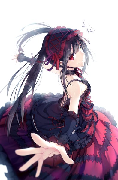 Anime picture 1000x1525 with date a live tokisaki kurumi lf single long hair tall image looking at viewer fringe black hair simple background smile red eyes standing white background twintails bare shoulders yellow eyes payot blunt bangs depth of field
