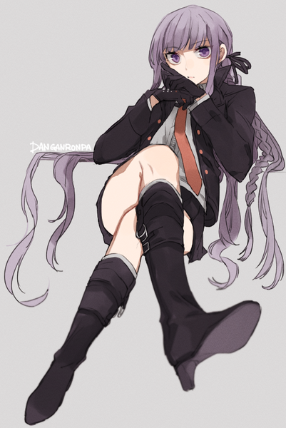 Anime picture 564x842 with dangan ronpa kirigiri kyouko hita (hitapita) single long hair tall image fringe simple background sitting purple eyes purple hair braid (braids) grey background copyright name crossed legs side braid girl gloves black gloves knee boots