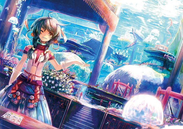 Anime picture 1403x992 with original jinichi short hair black hair smile bare shoulders brown eyes one eye closed wink underwater girl gloves animal water fingerless gloves