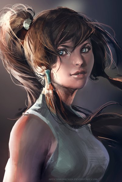 Anime picture 1311x1962 with avatar: the legend of korra korra sakimichan single long hair tall image fringe breasts brown hair looking away ponytail aqua eyes light smile wind lips realistic girl