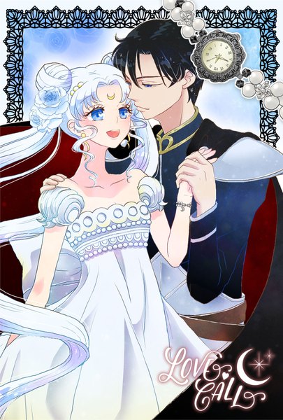 Anime picture 1182x1748 with bishoujo senshi sailor moon toei animation tsukino usagi princess serenity chiba mamoru prince endymion naco ip tall image short hair open mouth blue eyes black hair twintails silver hair very long hair hair flower hair bun (hair buns) turning head holding hands hand on another's shoulder