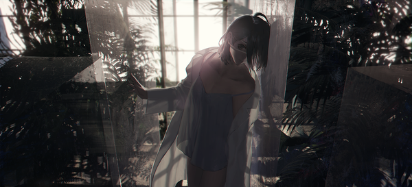Anime picture 1800x819 with original sumiobunnya single looking at viewer fringe highres short hair light erotic black hair wide image standing ahoge hair over one eye grey eyes reflection girl plant (plants) eyepatch glass nightie