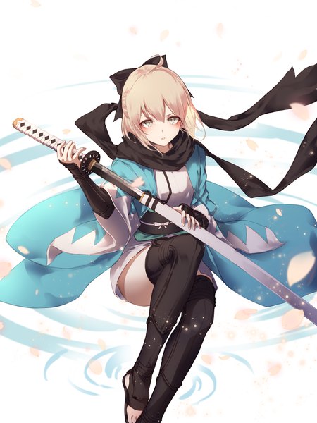 Anime picture 3000x4000 with fate (series) fate/grand order koha-ace okita souji (fate) (all) okita souji (koha-ace) godoju single tall image looking at viewer blush fringe highres short hair simple background blonde hair hair between eyes sitting holding yellow eyes ahoge