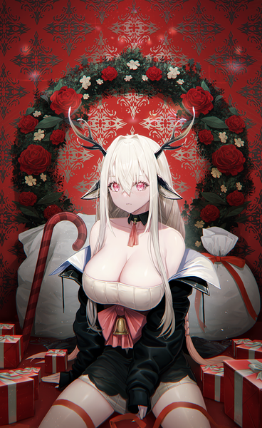 Anime picture 1200x1956 with original amano misaki (artist) single long hair tall image looking at viewer fringe breasts light erotic blonde hair hair between eyes large breasts sitting bare shoulders animal ears payot cleavage long sleeves pink eyes horn (horns)