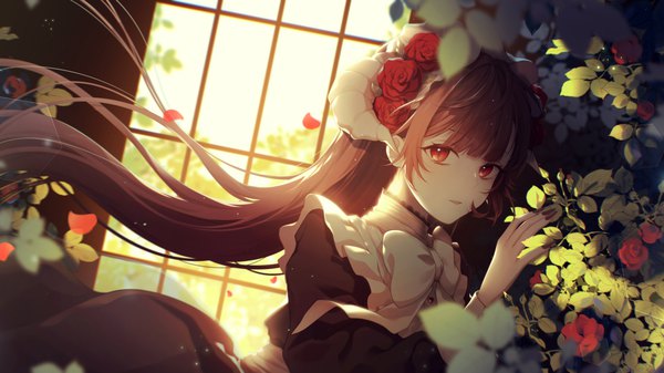 Anime picture 3761x2114 with original miho 2nd tyan single looking at viewer fringe highres red eyes brown hair wide image payot absurdres upper body blunt bangs long sleeves very long hair nail polish parted lips hair flower horn (horns) fingernails