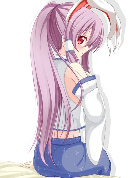 Anime picture 785x1020 with touhou reisen udongein inaba chimunge single long hair tall image looking at viewer blush simple background red eyes white background animal ears purple hair ponytail profile bunny ears kochiya sanae (cosplay) girl detached sleeves