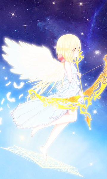 Anime picture 510x850 with original bing yue-cai bushi ruo jiao single tall image blush short hair blonde hair standing holding yellow eyes profile night sparkle night sky standing on one leg leg lift (legs lift) angel wings glow angel girl