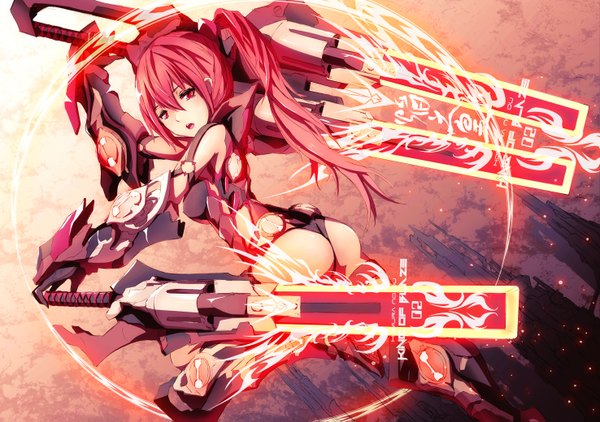 Anime picture 1476x1039 with original merontomari single long hair looking at viewer open mouth light erotic red eyes twintails ass red hair glowing girl weapon sword bodysuit