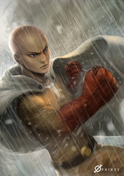 Anime picture 744x1052 with one-punch man madhouse saitama (one-punch man) namae shifuta single tall image black eyes realistic rain bald superhero boy gloves cape red gloves
