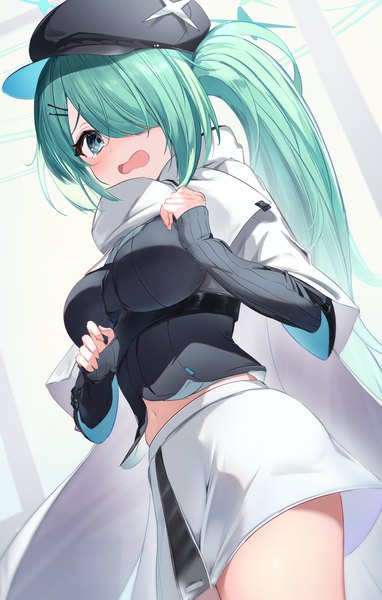 Anime picture 1457x2286 with blue archive hiyori (blue archive) nokke o single long hair tall image fringe open mouth aqua eyes hair over one eye aqua hair from below side ponytail underbust girl skirt hat miniskirt cape white skirt