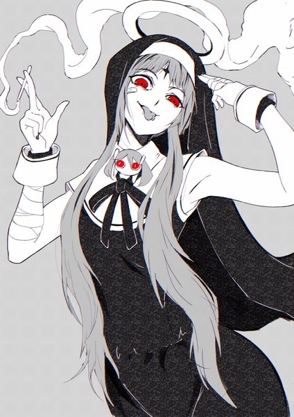 Anime picture 2480x3508 with vocaloid kamippoina (vocaloid) hatsune miku aimaina mtoan single long hair tall image highres simple background red eyes head tilt grey background piercing monochrome smoke nun bandaid on face spot color tongue piercing