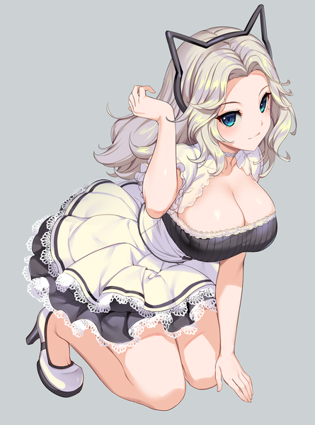 Anime picture 2756x3720 with girls und panzer kay (girls und panzer) ikomochi single long hair tall image looking at viewer blush fringe highres breasts blue eyes light erotic simple background blonde hair large breasts animal ears payot cleavage full body