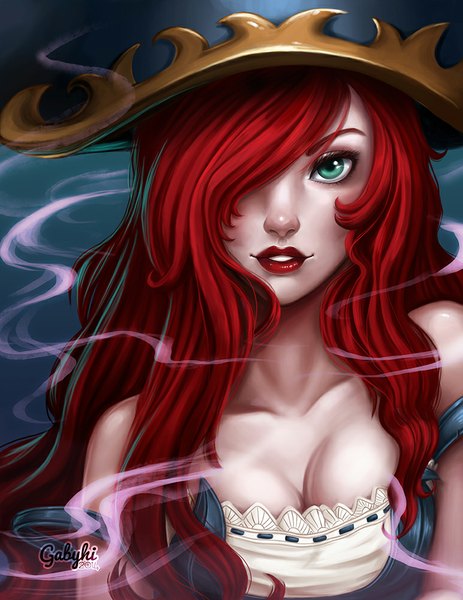 Anime picture 773x1000 with league of legends miss fortune (league of legends) gabyhi single long hair tall image fringe smile green eyes red hair lips hair over one eye lipstick girl hat pirate hat
