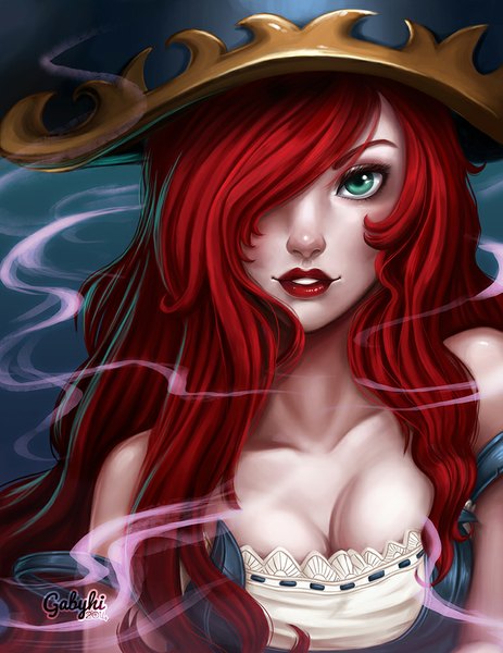 イラスト 773x1000 と league of legends miss fortune (league of legends) gabyhi ソロ 長髪 長身像 前髪 笑顔 緑の目 赤髪 lips 片目隠れ lipstick 女の子 帽子 pirate hat