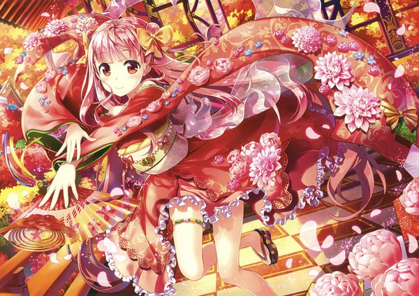 Anime-Bild 3000x2115 mit original eshi 100-nin ten fujima takuya single looking at viewer blush fringe highres smile red eyes holding pink hair bent knee (knees) blunt bangs very long hair traditional clothes japanese clothes light smile scan wide sleeves