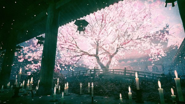 Anime picture 5184x2916 with original hisamesy highres wide image absurdres cherry blossoms no people scenic architecture east asian architecture plant (plants) petals tree (trees) candle (candles) bridge
