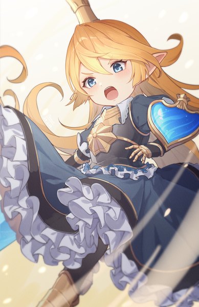 Anime picture 3274x5052 with granblue fantasy charlotta fenia chiyo akira single long hair tall image fringe highres open mouth blue eyes blonde hair hair between eyes absurdres from below loli harvin girl dress armor