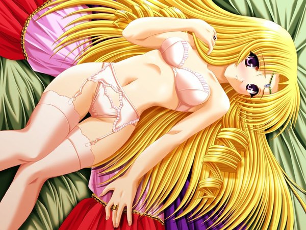 Anime picture 1024x768 with kegaretaeiyu (game) light erotic blonde hair purple eyes game cg underwear only girl thighhighs underwear panties white thighhighs