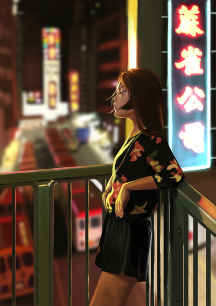 Anime picture 900x1273 with original cookies (hadasui1986) single long hair tall image brown hair standing brown eyes payot looking away outdoors profile blurry night depth of field city hieroglyph cityscape city lights girl