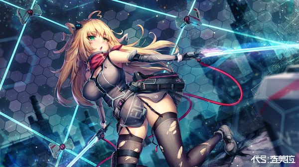 Anime picture 1920x1080 with original dk.senie single long hair fringe highres breasts open mouth light erotic blonde hair wide image large breasts holding green eyes yellow eyes payot looking away cleavage ahoge bent knee (knees)