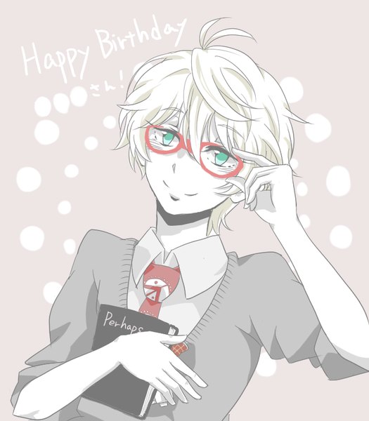 Anime picture 700x800 with aldnoah.zero a-1 pictures slaine troyard muckuj single tall image looking at viewer blush fringe short hair smile hair between eyes green eyes alternate costume happy birthday adjusting glasses boy shirt glasses necktie