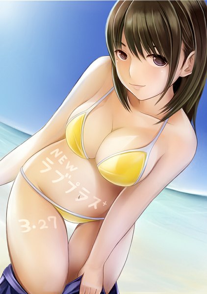 Anime picture 703x1000 with love plus anegasaki nene nannacy7 single long hair tall image looking at viewer breasts light erotic brown hair brown eyes cleavage beach undressing horizon tan girl skirt swimsuit miniskirt