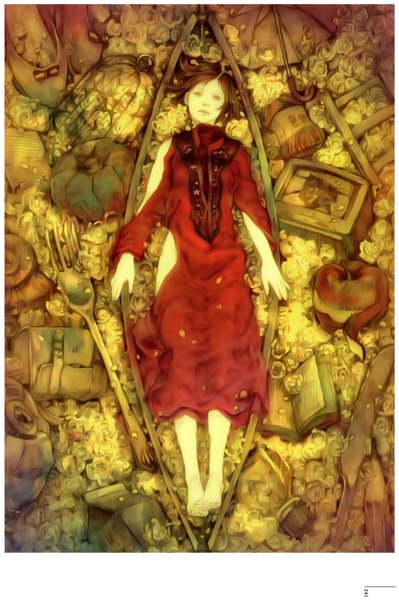 Anime picture 3994x6000 with original book of pictures (artbook) midori foo tall image highres short hair brown hair absurdres eyes closed scan girl dress rose (roses) book (books) umbrella red dress knife vegetables apple fork