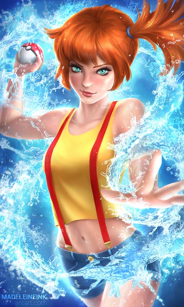 Anime picture 720x1200 with pokemon nintendo misty (pokemon) madeleineink single tall image fringe breasts blue eyes smile holding light smile lips orange hair midriff side ponytail eyeshadow smirk girl navel