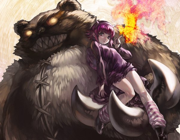 Anime picture 1464x1139 with league of legends annie (league of legends) tibbers (league of legends) aoin short hair smile green eyes purple hair long sleeves horn (horns) girl dress socks fire monster flame gaiters