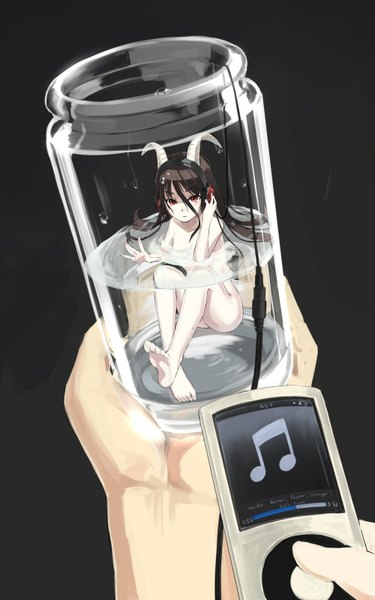Anime picture 1000x1600 with original ipod ryou@ryou tall image looking at viewer light erotic black hair red eyes horn (horns) nude girl headphones