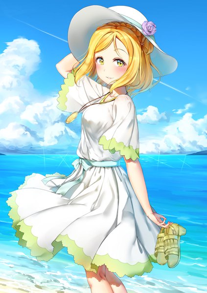 Anime picture 2160x3060 with love live! sunshine!! sunrise (studio) love live! ohara mari hachinatsu single tall image looking at viewer blush highres short hair blonde hair smile yellow eyes sky cloud (clouds) braid (braids) parted lips wind sparkle