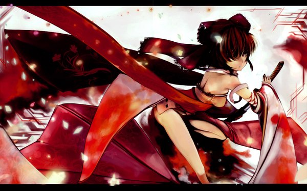 Anime picture 2000x1250 with touhou hakurei reimu virus (obsession) single highres short hair red eyes wide image red hair traditional clothes samurai girl dress bow weapon hair bow detached sleeves petals sword katana