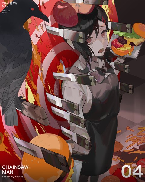 Anime-Bild 1000x1250 mit chainsaw man mappa higashiyama kobeni glycan single tall image looking at viewer short hair open mouth black hair red eyes standing signed copyright name tears girl animal food hairclip bowtie