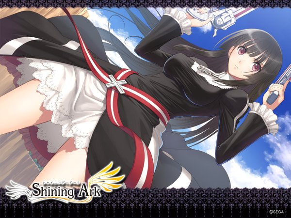 Anime picture 1280x960 with shining (series) shining ark kilmaria aideen tony taka single long hair looking at viewer black hair red eyes girl dress weapon gun