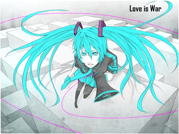 Anime picture 1600x1200 with vocaloid hatsune miku bejo (id-4884835) single long hair open mouth twintails aqua eyes aqua hair inscription girl skirt gloves pantyhose necktie wire (wires) megaphone