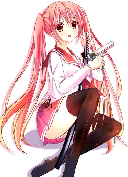 Anime picture 1476x2031 with hidan no aria kanzaki h aria tongtongtong single tall image looking at viewer blush open mouth light erotic simple background white background sitting twintails holding brown eyes pink hair very long hair pleated skirt pantyshot pantyshot sitting