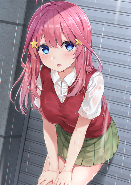 Anime picture 752x1062 with go-toubun no hanayome nakano itsuki karutamo single long hair tall image looking at viewer blush fringe breasts open mouth blue eyes hair between eyes standing pink hair ahoge outdoors pleated skirt :o short sleeves