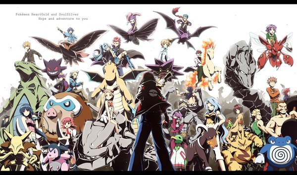 Anime picture 1920x1134 with pokemon pokemon heartgold and soulsilver nintendo pikachu red (pokemon) misty (pokemon) green (pokemon) gengar erika (pokemon) lugia silver (pokemon) pidgeot dragonite morty (pokemon) sabrina (pokemon) houndoom starmie rapidash kingdra steelix