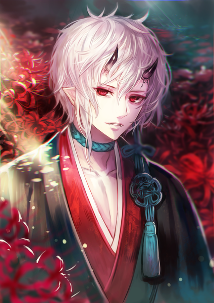 Anime picture 1000x1414 with original terai (teraimorimori) single tall image looking at viewer fringe short hair hair between eyes red eyes standing payot silver hair upper body outdoors traditional clothes parted lips japanese clothes horn (horns) pointy ears sunlight