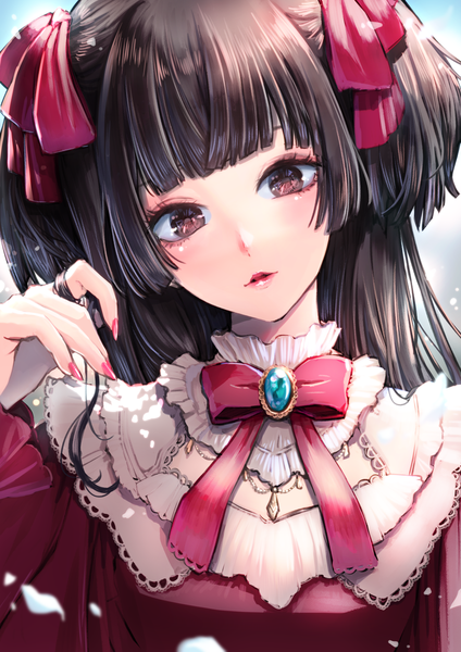 Anime picture 1500x2121 with idolmaster idolmaster shiny colors mayuzumi fuyuko misty cj single long hair tall image looking at viewer fringe black hair brown eyes upper body blunt bangs nail polish head tilt two side up lipstick pink lipstick pink nail polish playing with hair
