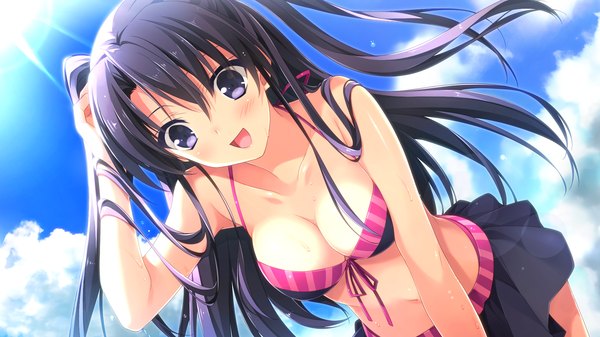 Anime picture 1920x1080 with berry's morikubo yuna suzuhira hiro single long hair blush fringe highres breasts open mouth light erotic black hair hair between eyes wide image purple eyes game cg sky cleavage cloud (clouds) looking down