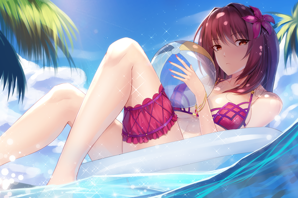Anime picture 1700x1133 with fate (series) fate/grand order scathach (fate) (all) scathach (swimsuit assassin) (fate) feng mouren single long hair looking at viewer blush fringe breasts light erotic hair between eyes red eyes holding sky purple hair cloud (clouds) bent knee (knees) outdoors