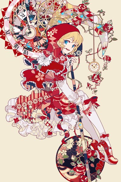 Anime picture 768x1152 with little red riding hood inishie no megami to houseki no ite little red riding hood (character) bourbone single tall image fringe short hair open mouth blue eyes blonde hair sitting looking away cosplay seigaiha kikumon little red riding hood (cosplay) girl flower (flowers) weapon