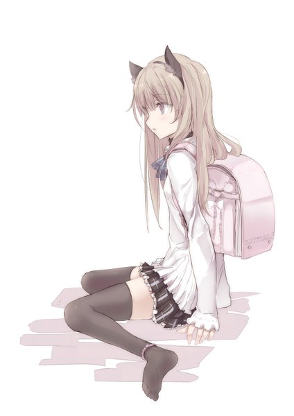 Anime picture 1157x1636 with original touma raito single long hair tall image blush fringe simple background brown hair white background sitting brown eyes animal ears bent knee (knees) long sleeves parted lips profile pleated skirt cat ears no shoes