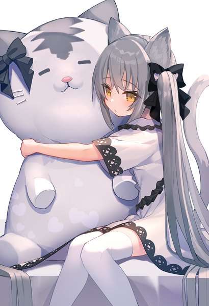 Anime picture 821x1200 with original rk (rktorinegi) single long hair tall image looking at viewer blush fringe simple background white background sitting twintails animal ears yellow eyes payot tail animal tail grey hair cat ears short sleeves