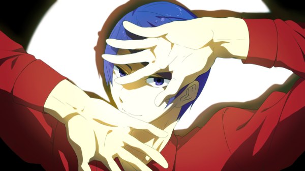 Anime picture 1200x673 with tokyo ghoul studio pierrot tsukiyama shuu xxxxxymdy single looking at viewer short hair blue eyes smile wide image blue hair shadow portrait covering boy shirt red shirt
