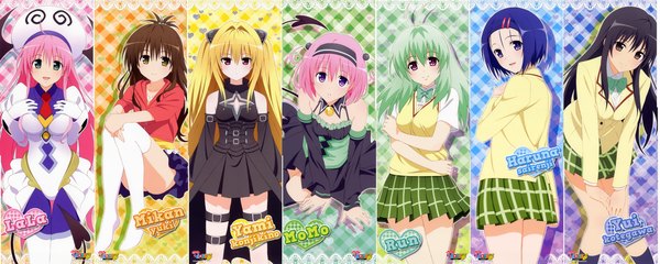 Anime picture 12061x4828 with toloveru toloveru darkness xebec konjiki no yami momo velia deviluke lala satalin deviluke yuuki mikan kotegawa yui sairenji haruna run elsie jewelria long hair highres short hair black hair blonde hair red eyes brown hair wide image purple eyes multiple girls