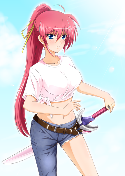 Anime picture 756x1058 with mahou shoujo lyrical nanoha signum diesel-turbo single long hair tall image looking at viewer blush blue eyes pink hair ponytail girl navel weapon sword belt jeans blue jeans